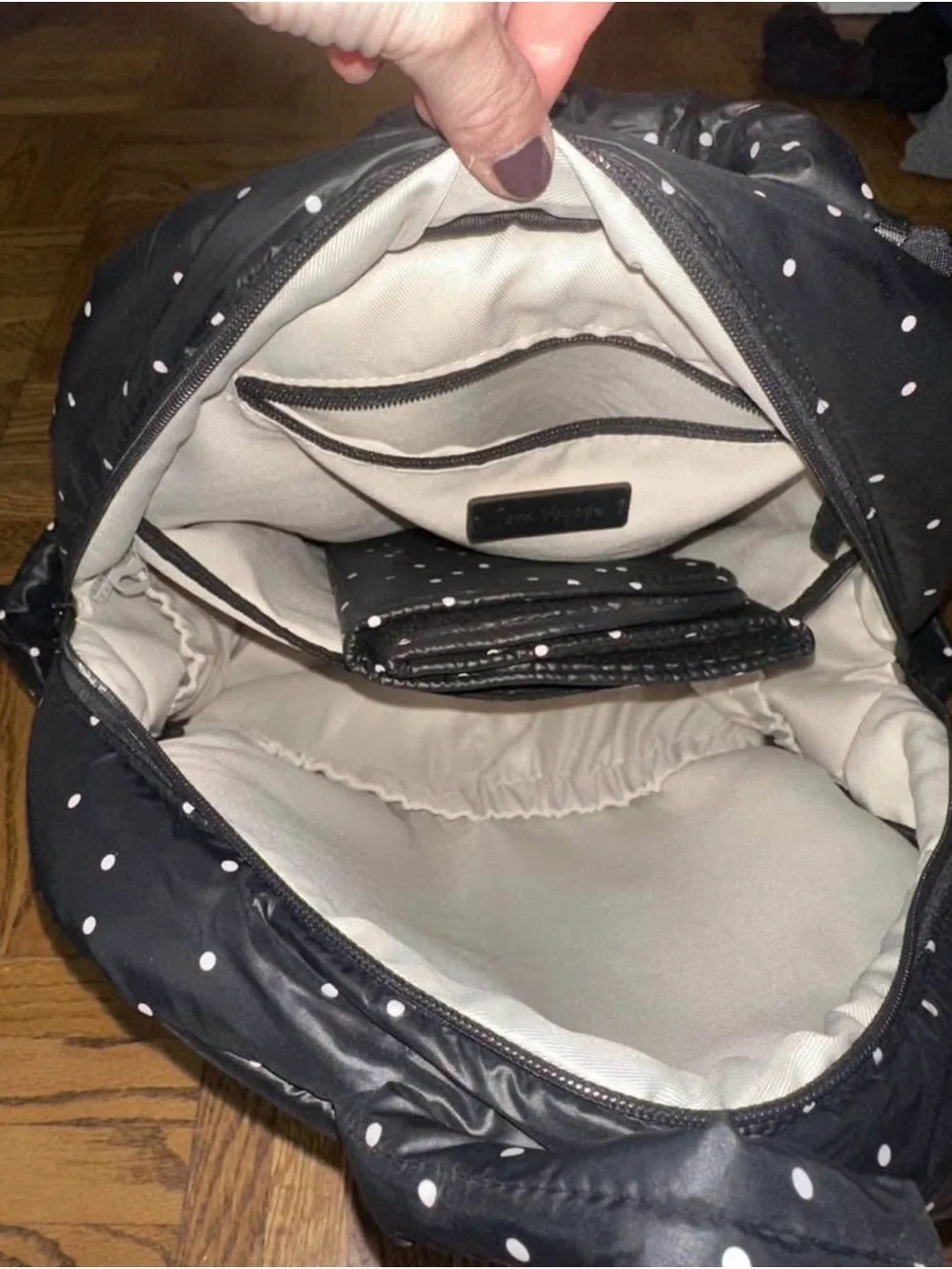 Black Puffer Backpack with White Polka Dots